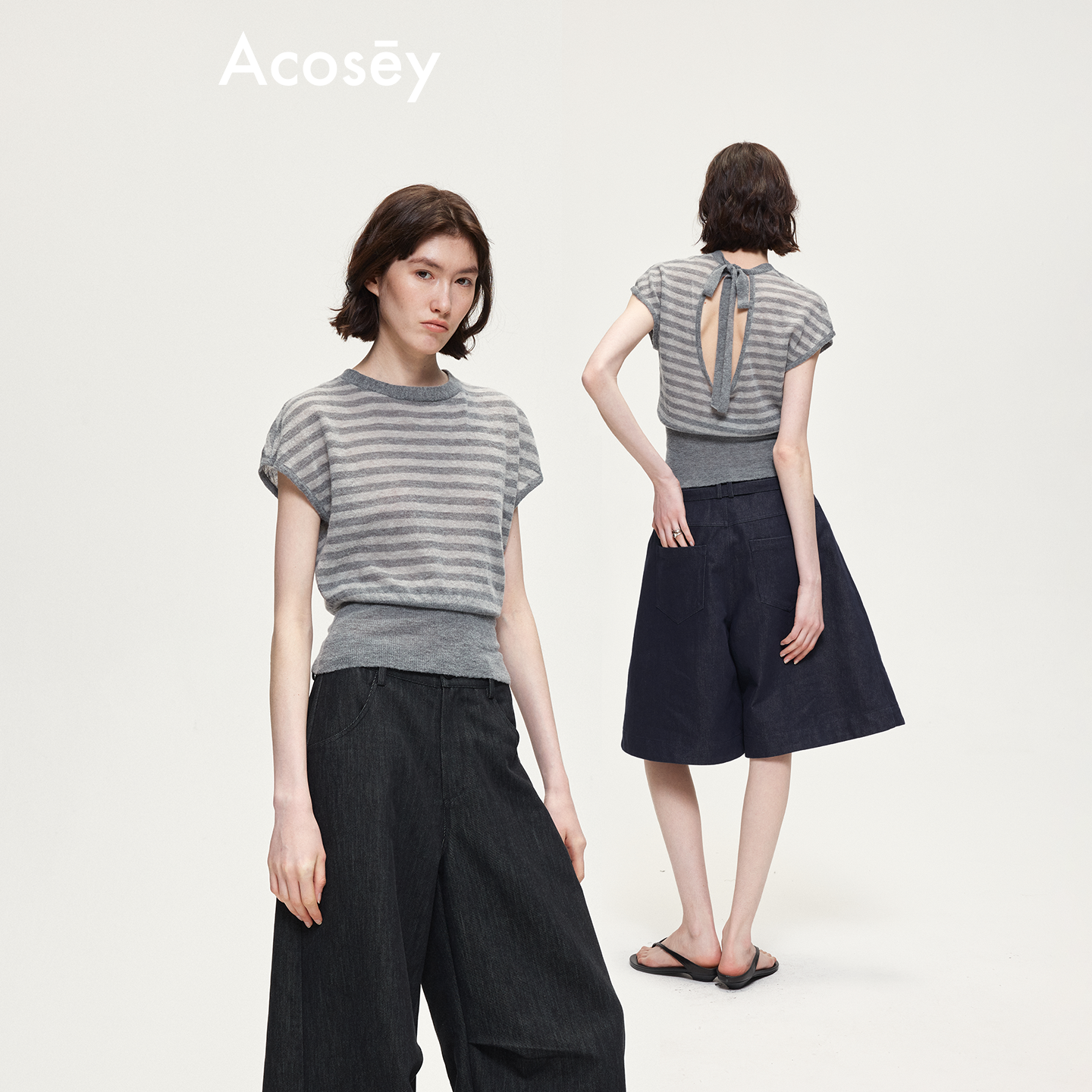 ACOSEY 原创设计感羊毛轻薄条纹拼接露背绑带针织毛织上衣