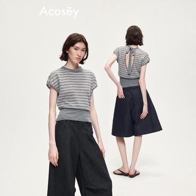 ACOSEY 原创设计感羊毛轻薄条纹拼接露背绑带针织毛织上衣