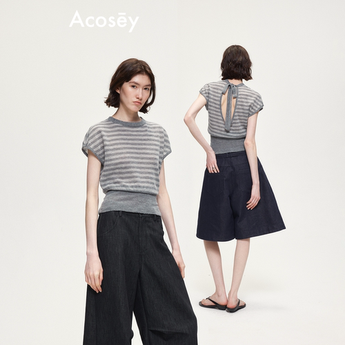 ACOSEY 原创设计感羊毛轻薄条纹拼接露背绑带针织毛织上衣