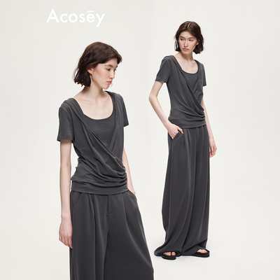 ACOSEY 原创设计莱赛尔羊毛交叉荡褶连帽T恤上衣