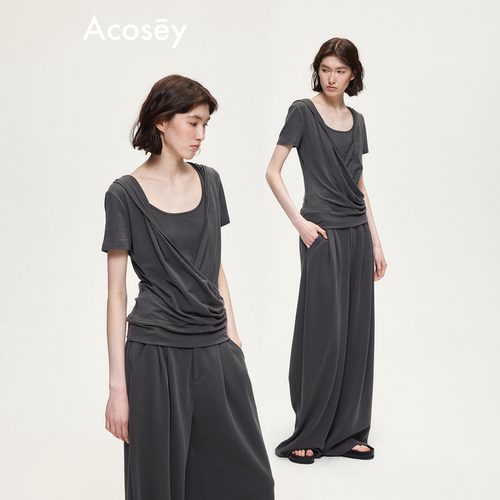 ACOSEY 原创设计莱赛尔羊毛交叉荡褶连帽T恤上衣