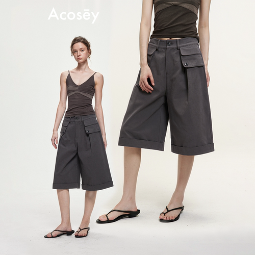 ACOSEY 立体口袋工装高腰宽松显瘦通勤五分裤