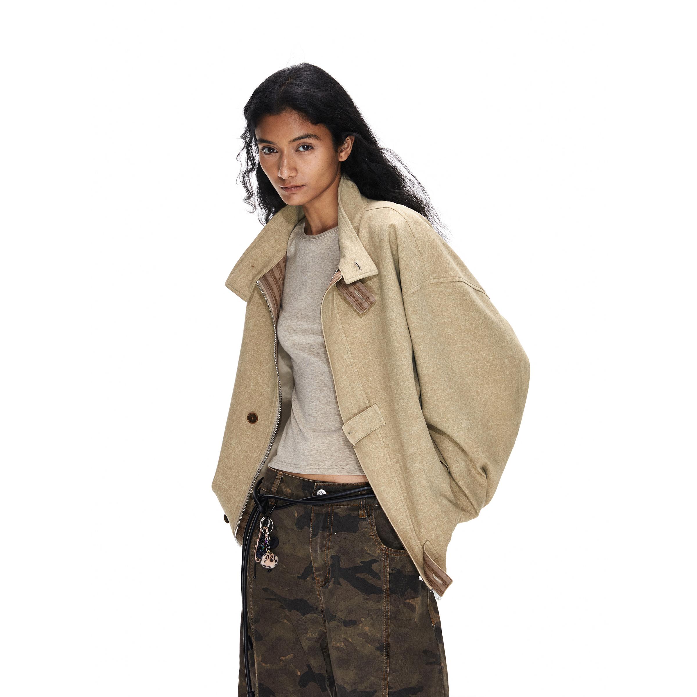 果壳纽扣肌理感复古弯刀袖夹克