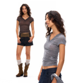 ACOSEY T恤 短袖 25SS 100%澳洲羊毛提花羊毛褶皱V领修身