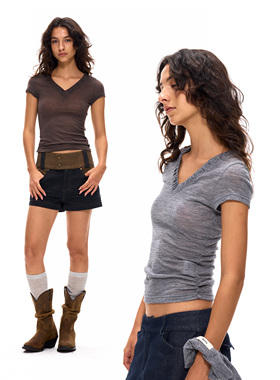 ACOSEY 25SS 100%澳洲羊毛提花羊毛褶皱V领修身短袖T恤