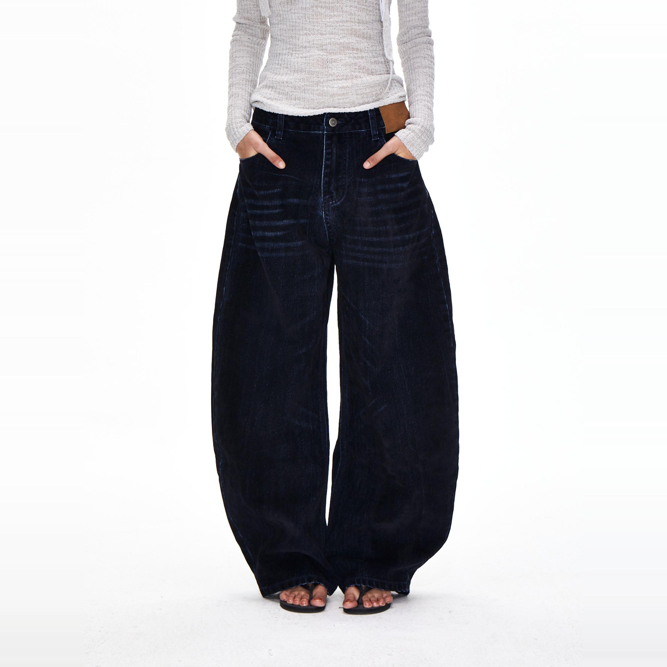 ACOSEY 24AW复古植绒重磅洗水双色马骝宽松弯刀牛仔香蕉裤