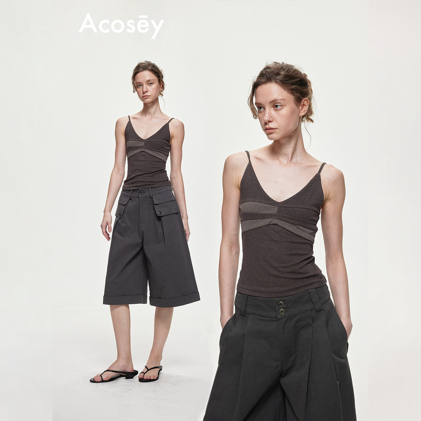ACOSEY 莱赛尔亚麻混纺设计感撞色拼接V领吊带背心图片