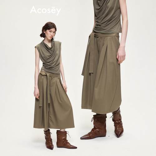 ACOSEY 设计感腰头绑带压褶设计廓形西装七分裤休闲裤