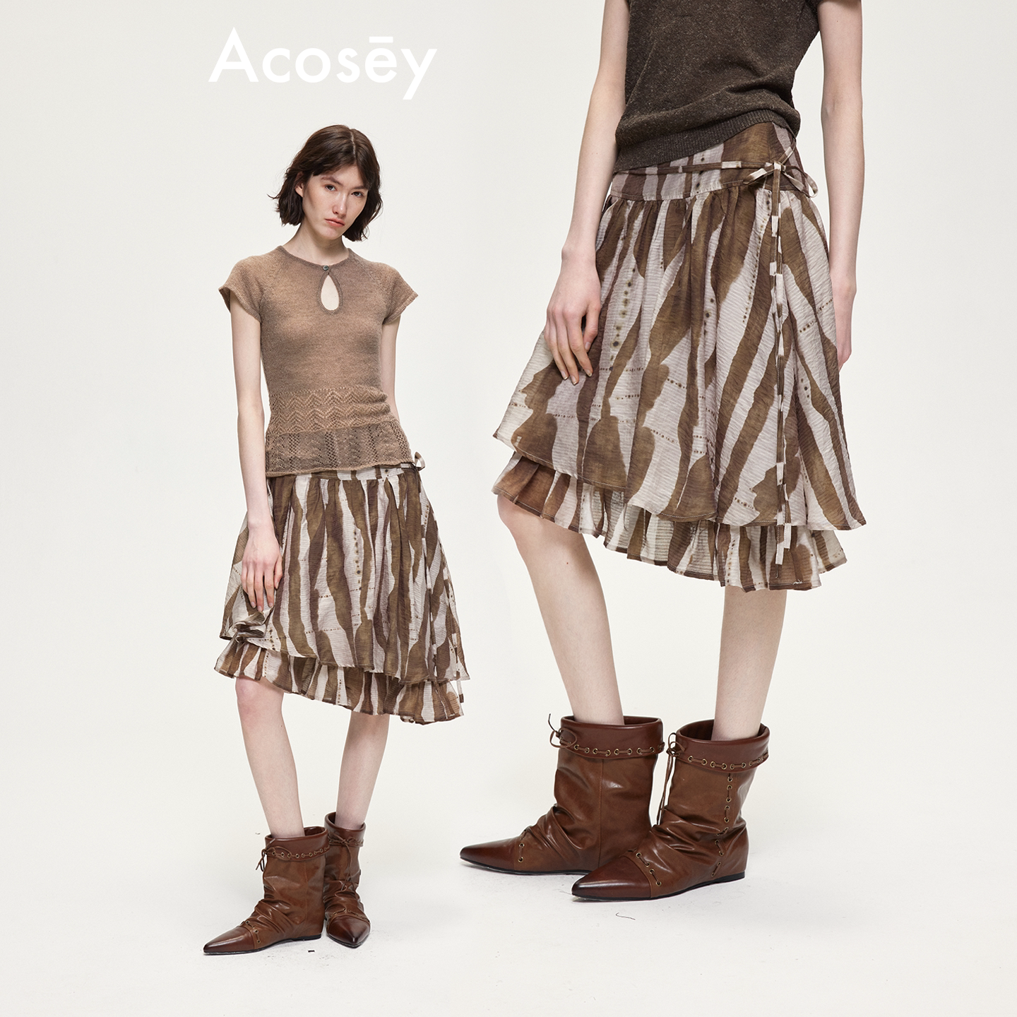 ACOSEY 设计感莱赛尔复古不规则双层荷叶边半身短裙