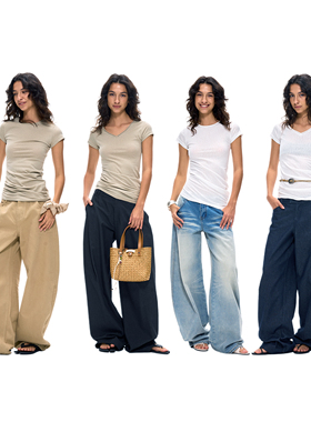 ACOSEY 25SS 设计感修身T恤亚麻弯刀短袖上衣香蕉型自然堆褶T恤