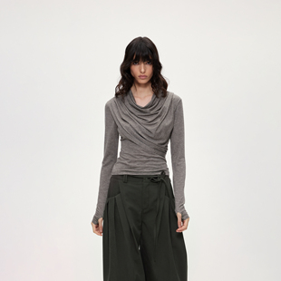 ACOSEY 25FW 天丝羊毛长袖T恤不规则荡领自然流动褶皱感上衣