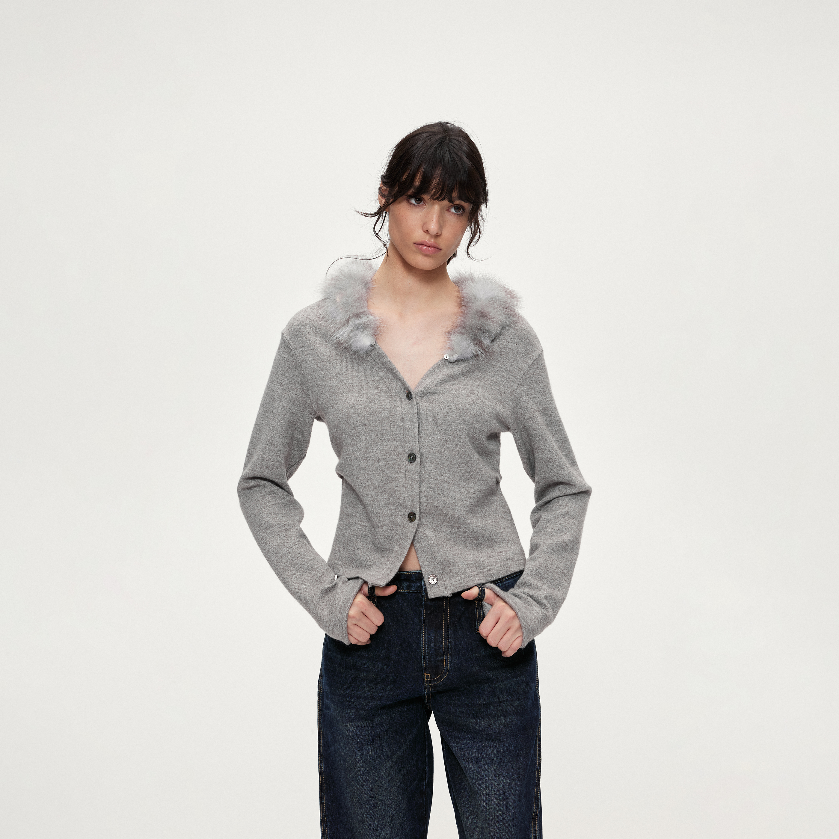 ACOSEY 25FW 可拆卸真狐狸毛毛领针织开衫外套