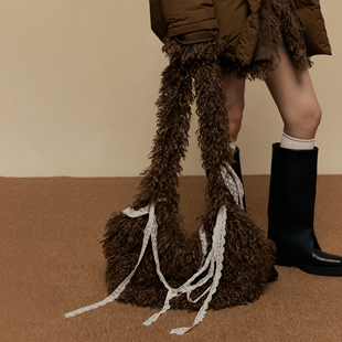 ACOSEY 24AW大号滩毛复古长毛可拆卸蕾丝绑带托特包