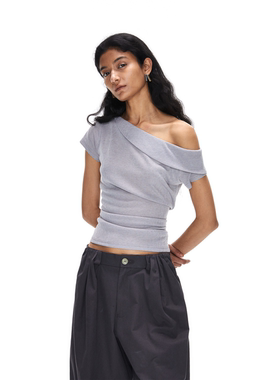 ACOSEY 25SS 羊毛混纺斜肩不规则修身上衣短袖T恤