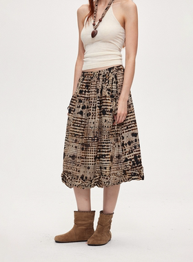 ACOSEY 25FW原创定制版复古油墨画图案设计感抽褶立体剪裁半裙