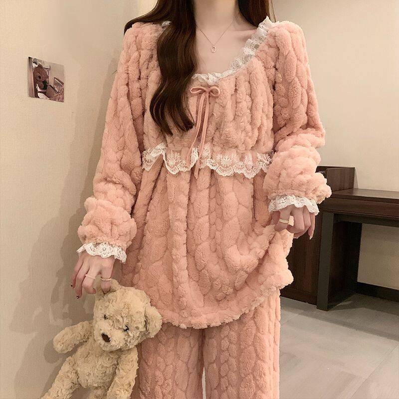 珊瑚绒睡衣女士冬季加绒加厚法兰绒秋冬款保暖长袖套装白色家居服