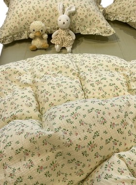 A类温柔复古田园双层皱皱纱绿色x小碎花床上四件套全纯棉1.5m1.8