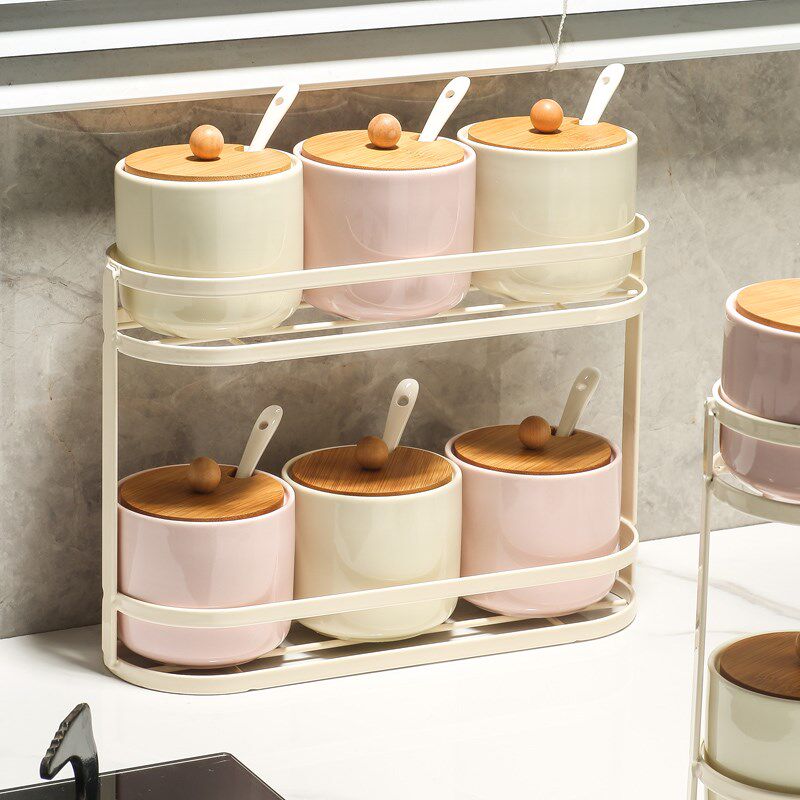 陶瓷调味罐d瓶调料盒套装家用厨房双层辣椒盐罐子收纳置物架免钉