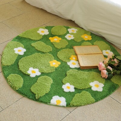 圆形苔藓地毯植绒地毯浴室垫y卧室簇绒地毯绿色客厅地毯苔藓地毯