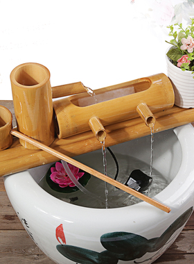 竹子流水器石槽鱼缸鱼盆过滤器水景喷泉风L轮水车玄关摆件加湿增