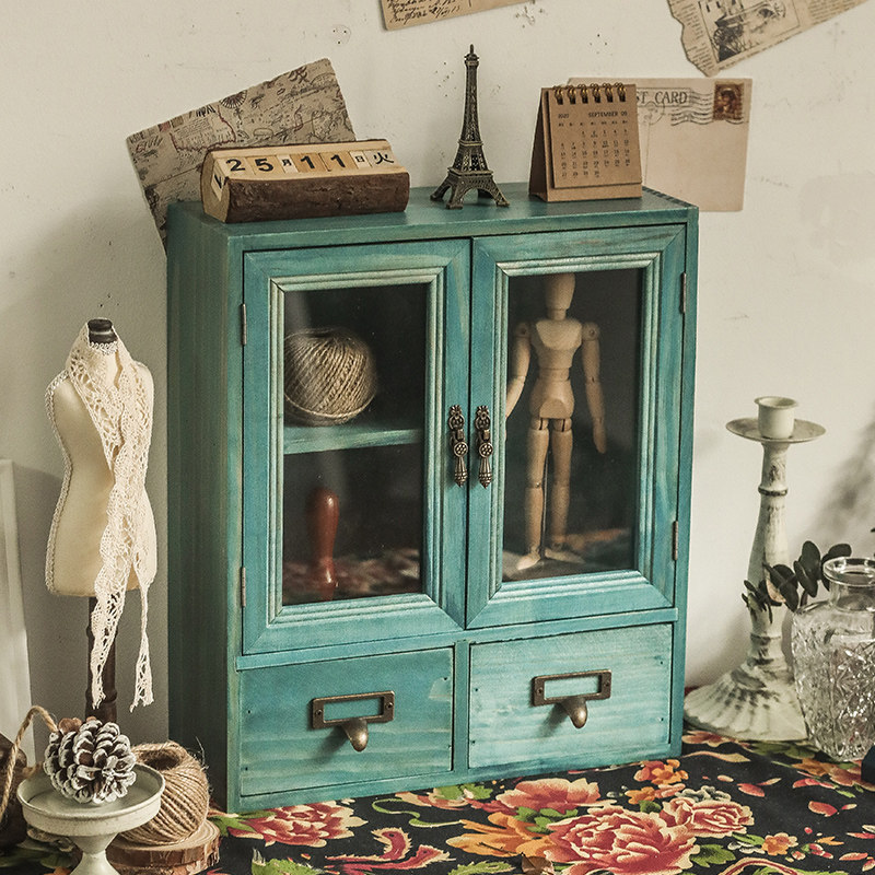 办公室杯子文具桌面收纳s盒口红化妆品复古木质抽屉置物架玻璃防