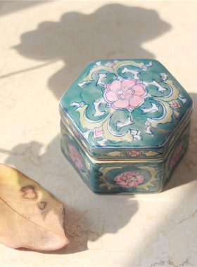 复古老货粉彩印泥盒釉下彩陶瓷B收纳盒手帐印泥缸 中式软装摆件
