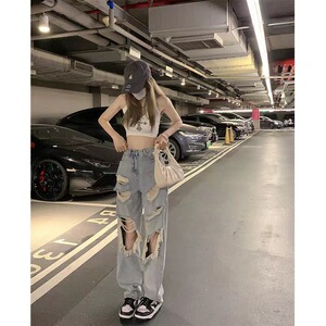 时尚破洞直筒牛仔裤女秋季新款百搭显瘦腰露膝盖街头乞丐阔腿长裤