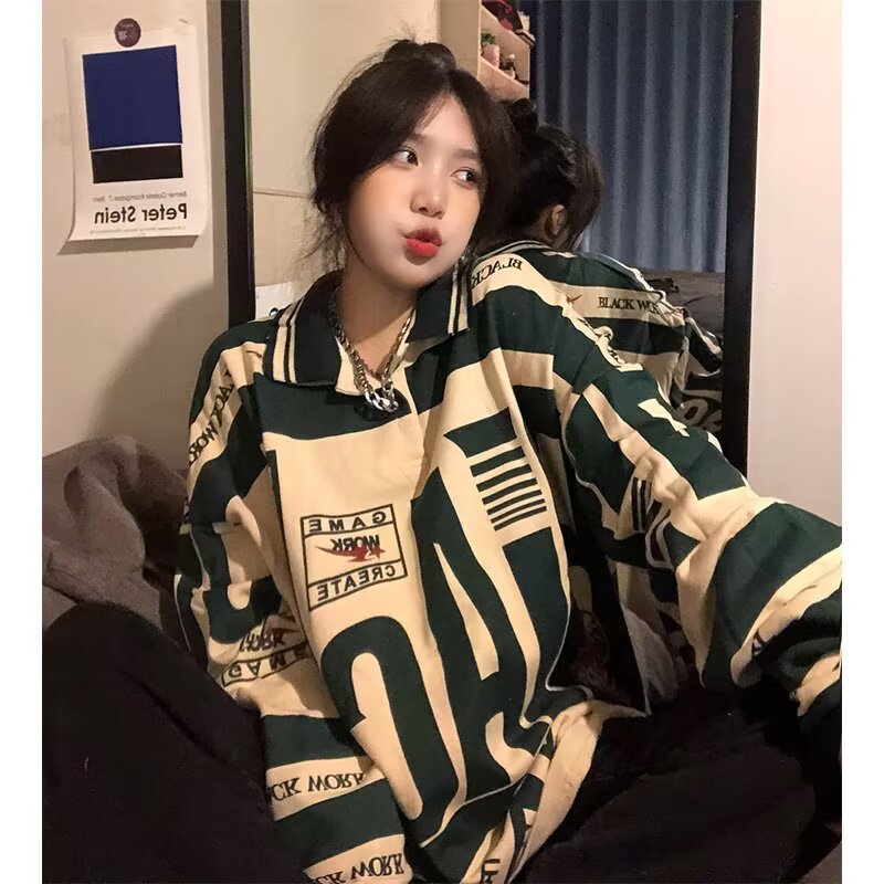 美式复古拼色宽松polo衫卫衣男秋季痞帅潮牌hiphop长袖上衣外套潮