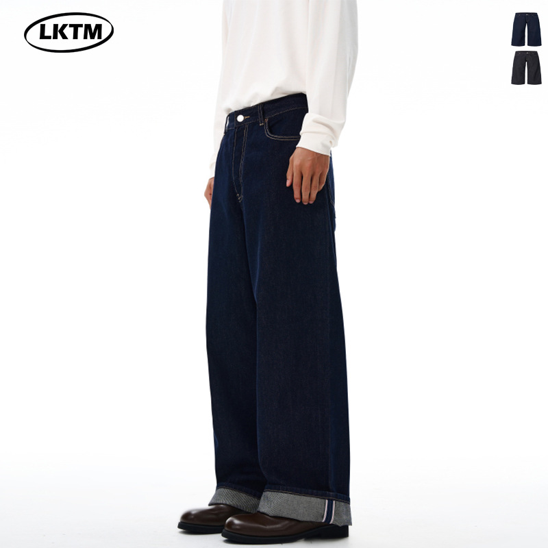 LKTM男装 美式复古脚口翻边赤耳原牛牛仔裤男女cleanfit直筒长裤