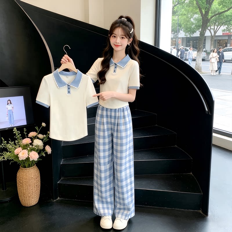 女大童夏季学院格子裤两件套图片
