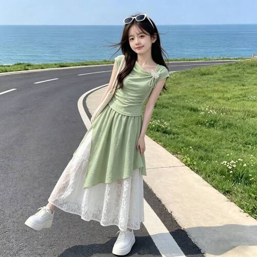 夏季女童甜美蕾丝短袖长裙两件套