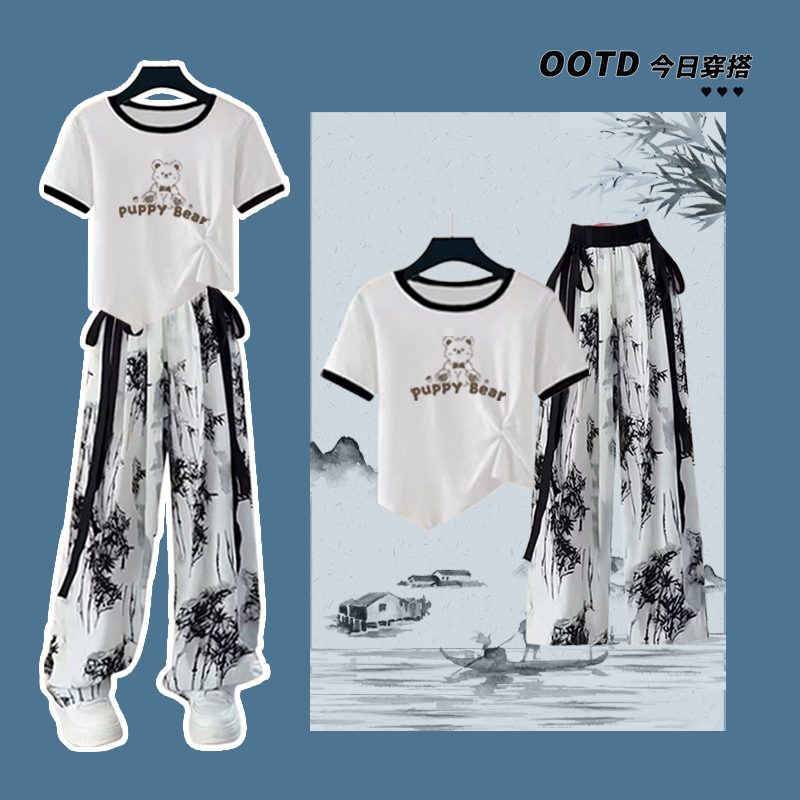 女童夏季套装洋气女学生不规则短袖时尚高腰休闲风百搭国风水墨裤