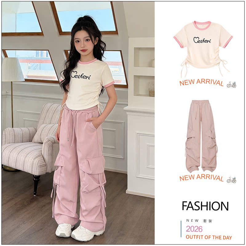 中大童夏装韩系穿搭女童套装洋气短袖上衣高腰显瘦工装裤两件套潮