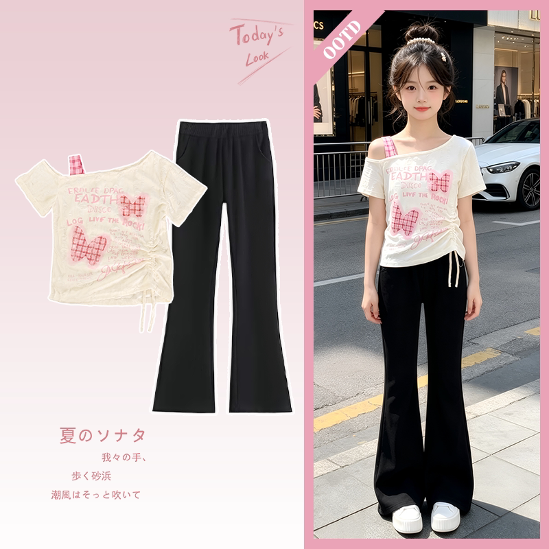 2026新款女童夏季套装甜美斜肩短袖中大童洋气休闲喇叭裤两件套装