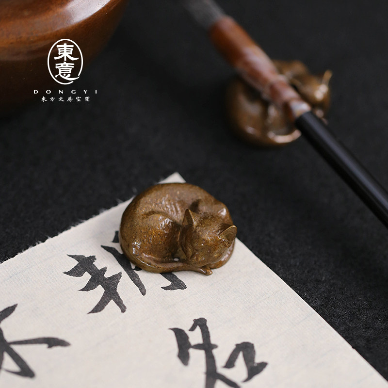 东意文房 黄铜爱小猫笔搁笔架镇纸镇尺香插香座创意书镇