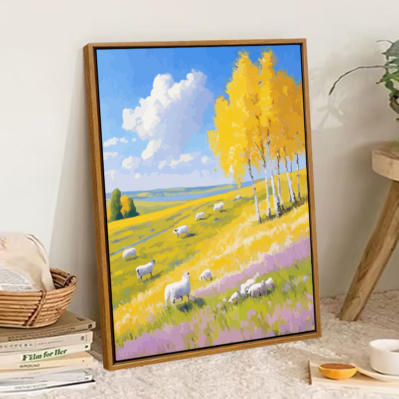 秋日草原风景治愈系数字油画丙烯油彩画手绘客厅油画