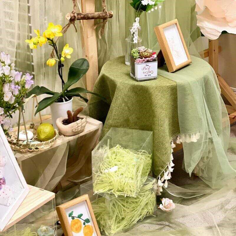 渐变绿色扎染纱幔古风幼儿园毕业环创新场景布置浅绿流苏桌布