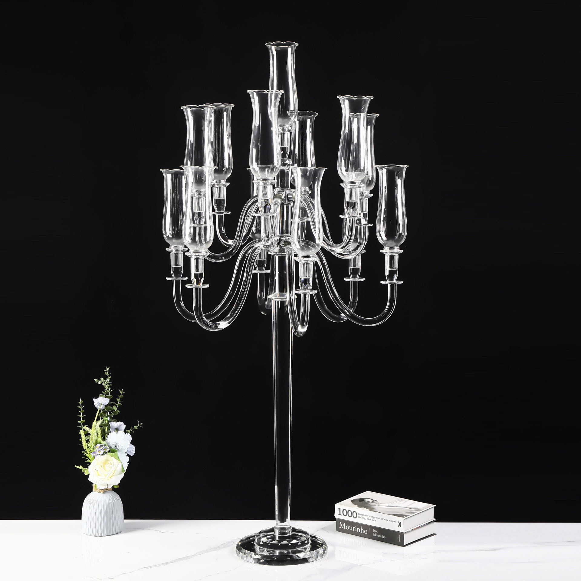 厂家直销出口K9多头水晶烛台13头圆底板枝形户外防风灯罩蜡烛台