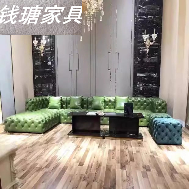 美式轻奢拉扣真皮科技布沙发