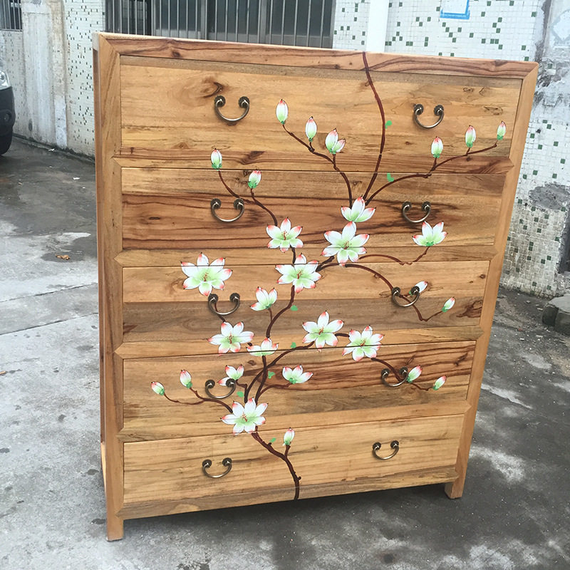 中式仿古全樟木手绘五斗柜
