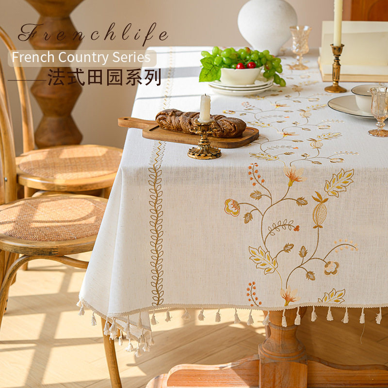 新款立体绣花桌布美式轻奢高级感长方形餐桌布复古氛围感书桌茶几