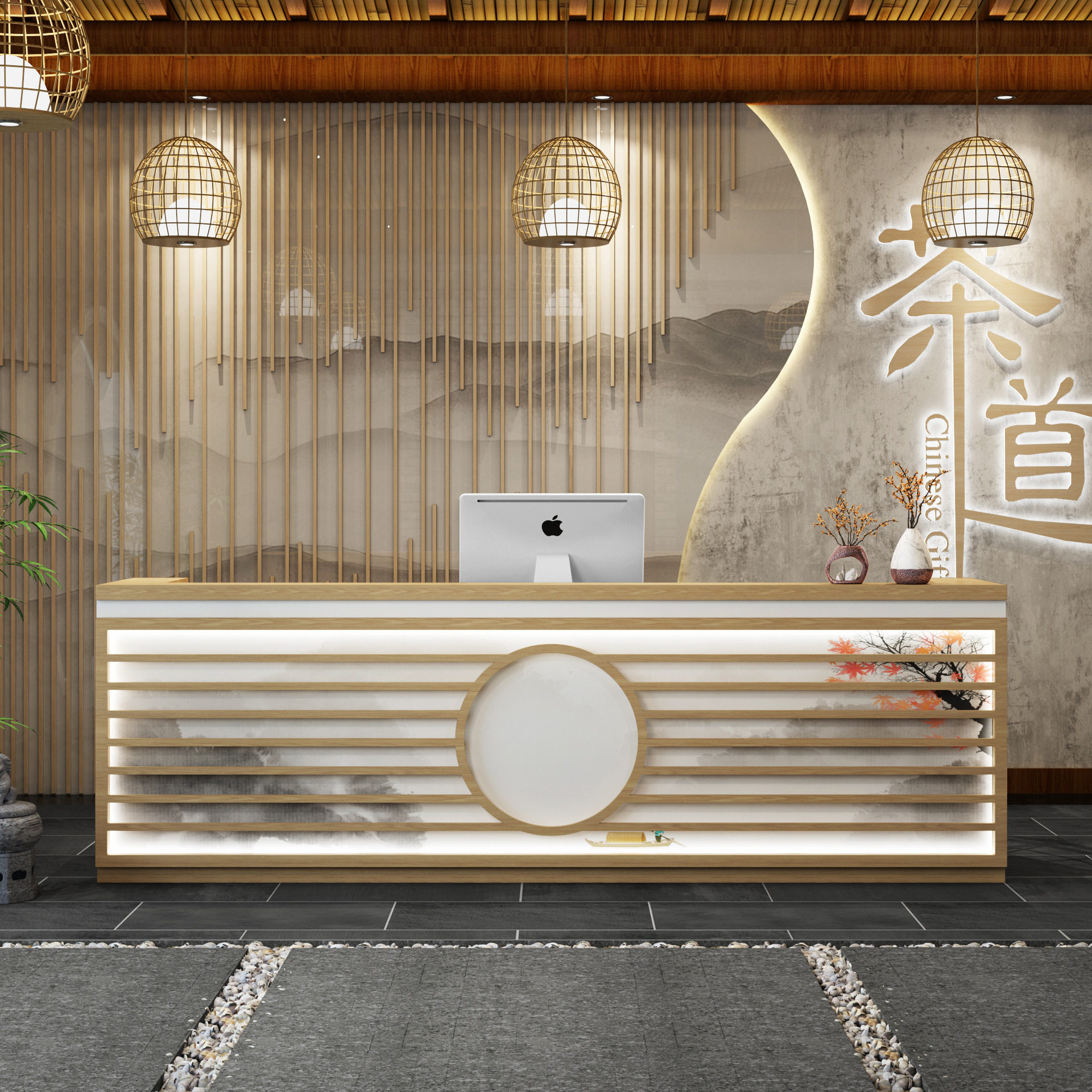新中式实木店铺收银接待台