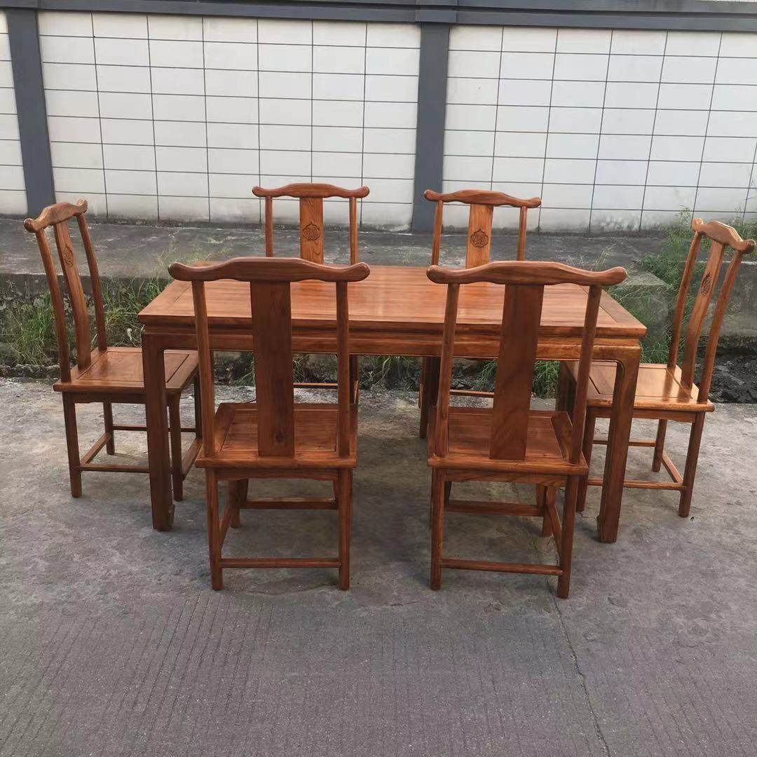 实木餐桌椅饭店桌椅组合长方形餐桌餐厅家用中式仿古桌椅樟木卡座