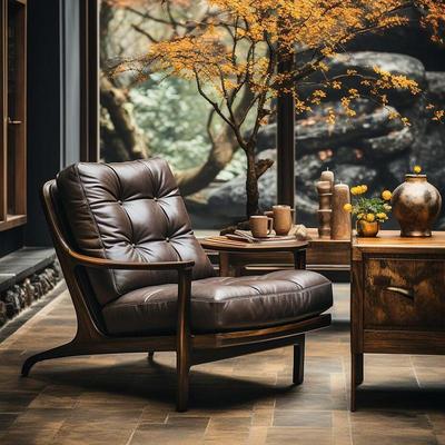 新中式黑胡桃木真皮沙发椅单人客厅阳台实木躺椅2025新款老虎椅