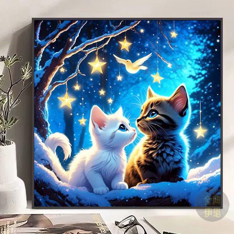 卡通可爱动物猫咪钻石画2024新款手工5d点贴钻十字绣风景卧室满钻