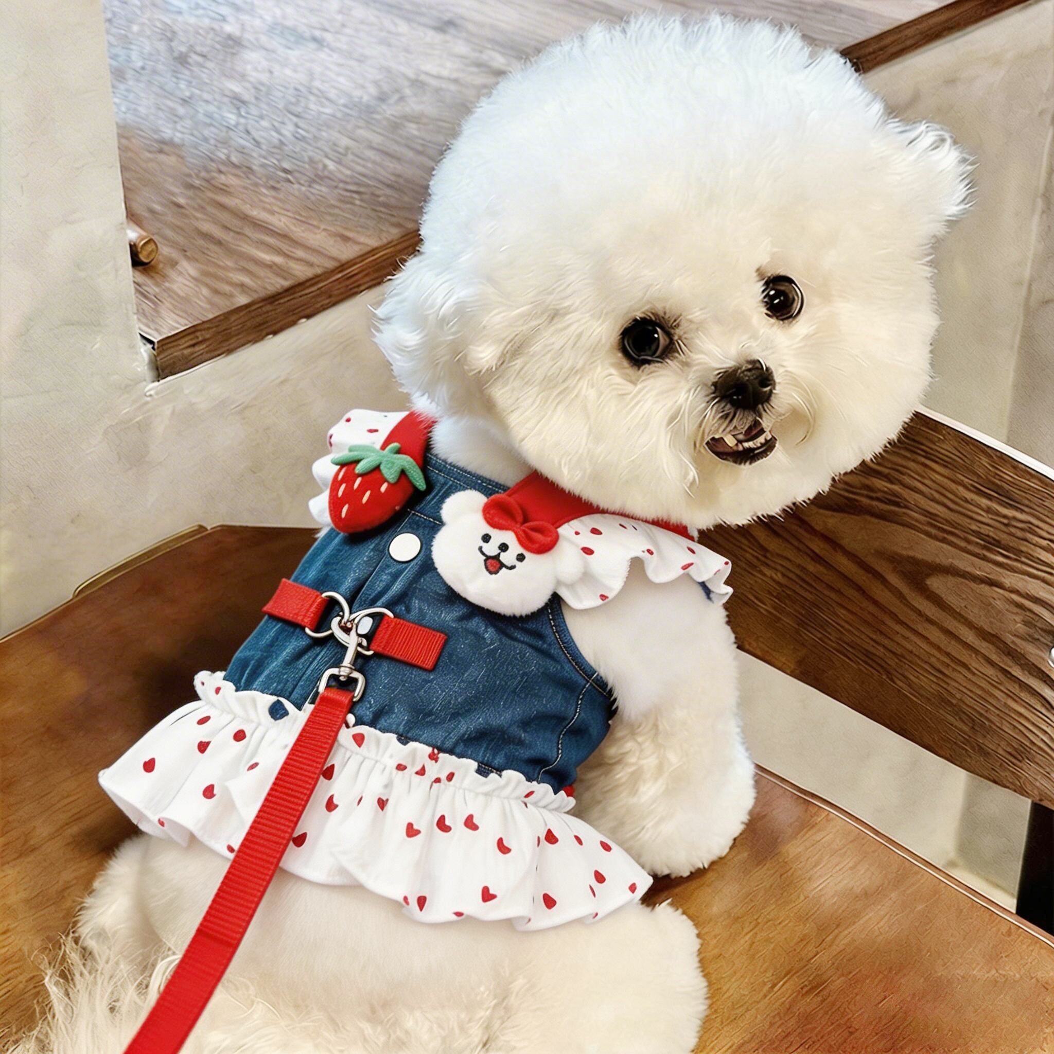 小狗衣服春装薄款幼犬夏天狗狗小型犬比熊泰迪胸背带式狗绳牛仔衣