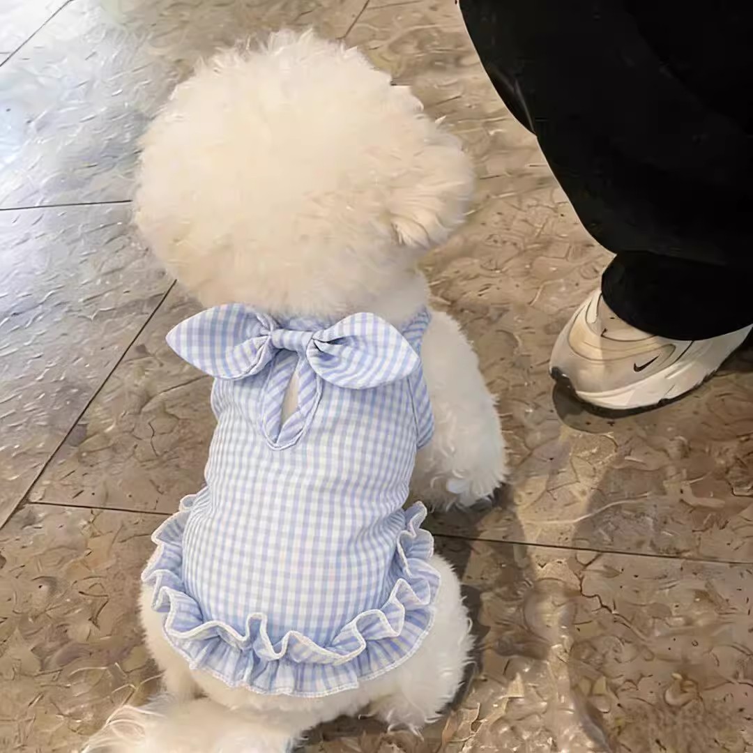狗猫春夏格子吊带连衣裙防掉毛裙