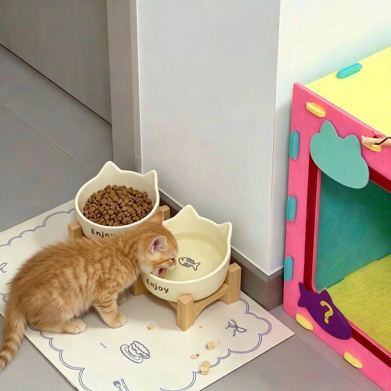 猫碗陶瓷加厚款猫咪饭碗粮碗喝水碗一体增高双碗食盆狗碗斜口护颈