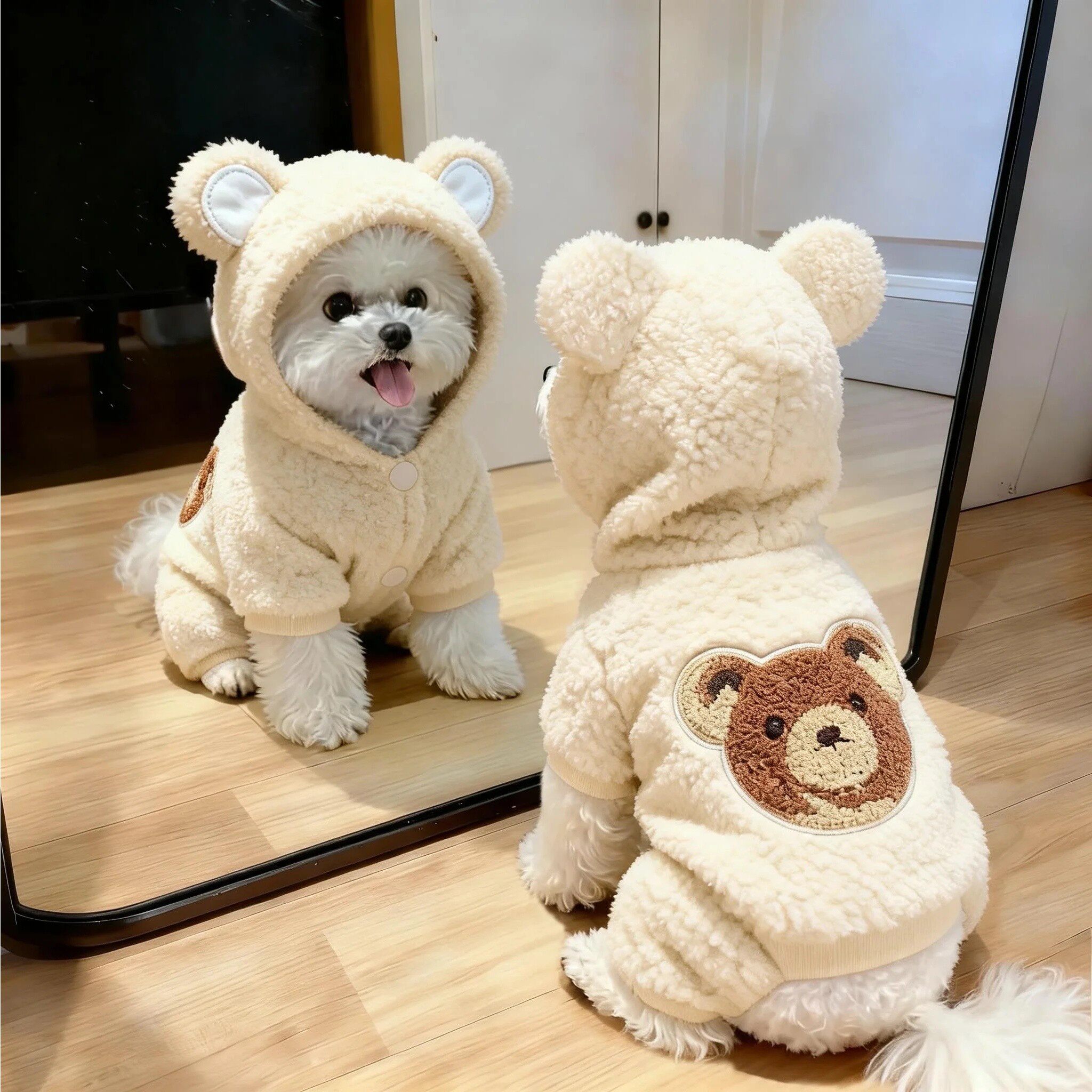 狗狗衣服冬装小熊连帽四脚衣泰迪比熊小型犬猫咪宠物服装加绒保暖