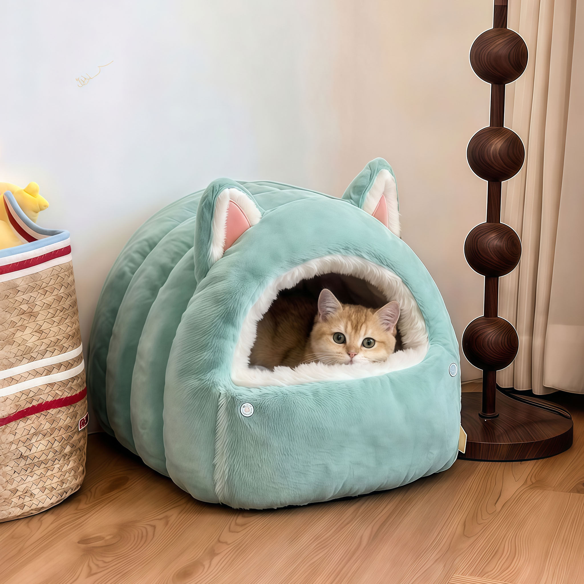 睡袋猫窝冬加厚半封闭式安全感猫咪躲避屋卡通猫耳朵冬季猫床狗窝